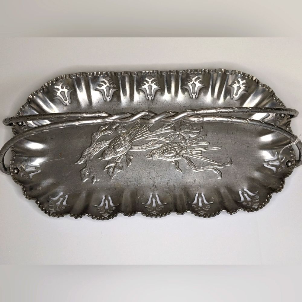 Farber & Shelvin Vintage 40s Silver Aluminum Tray Basket with Handles Birds